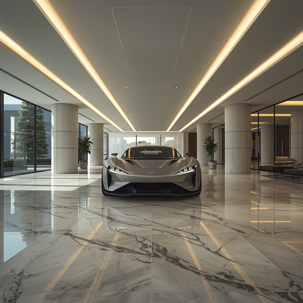 Photorealistic wide shot of a luxury car showroom with sleek lighting, marble floors, and a modern concept car in center, 8k resolution, cinematic lighting --no woman